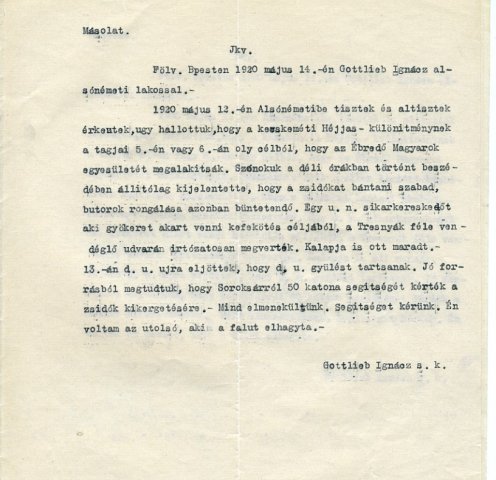 Gottlieb Ignác bejelentése a PIH Jogsegítő Irodáján. 1920. május 14. (Forrás: MZSL) 
